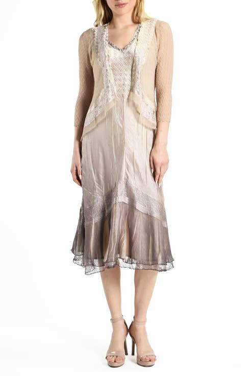 Beaded Long Sleeves Tiered Beige Dress