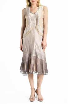 Komarov Beaded Charmeuse & Chiffon Tiered Dress with Jacket