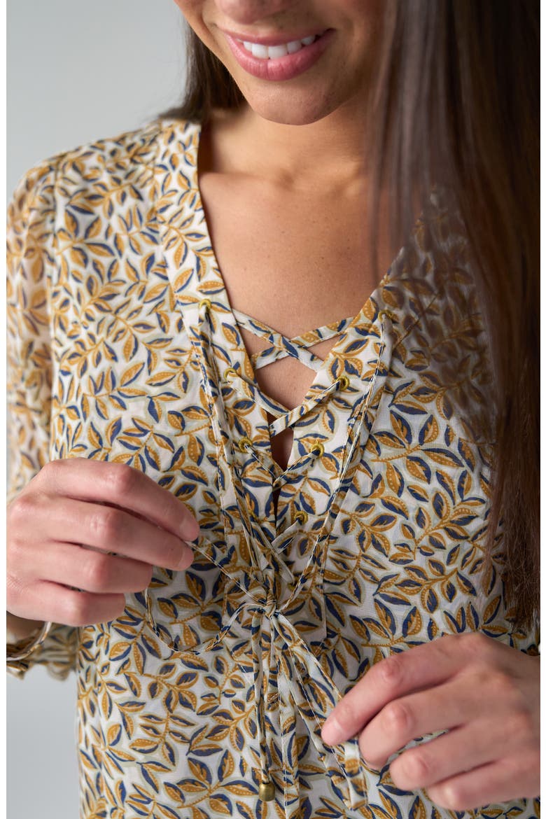 Print Lace-Up Top, Alternate, color, GOLD BLUE MULTI
