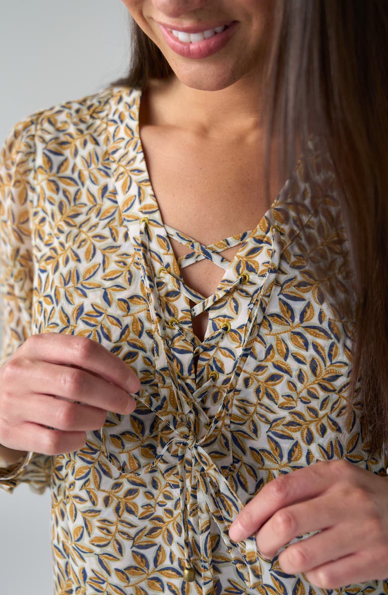 Liverpool Print Lace-Up Top, Alternate, color, Gold Blue Multi