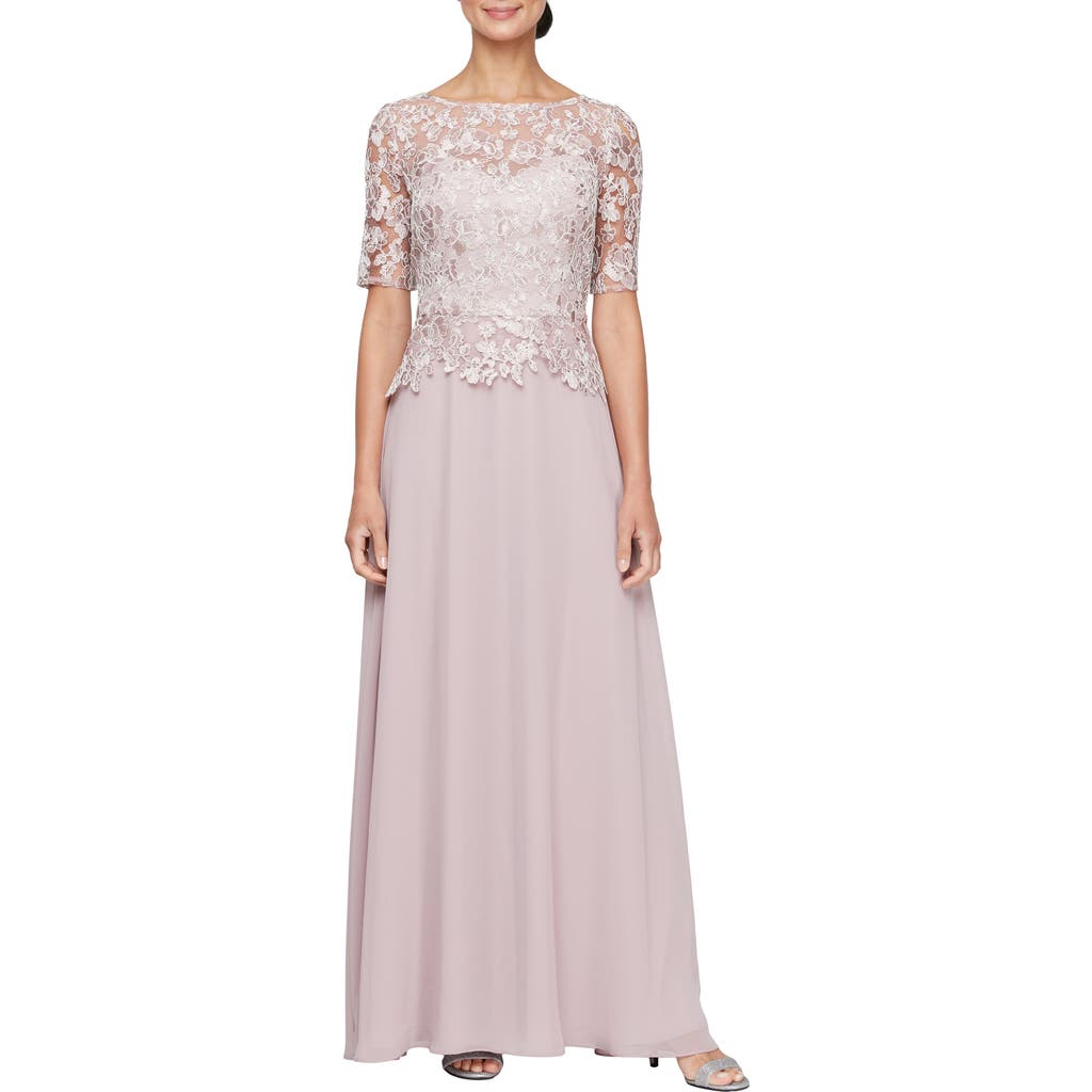 Alex Apparel Floral Emboidery A-line Gown In Rose