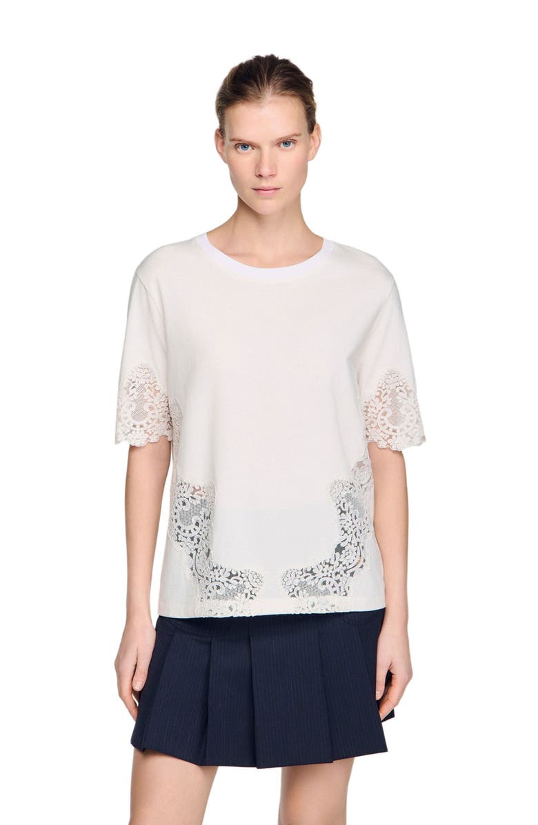 SANDRO Cotton T-shirt with lace detail, Main, color, Ecru