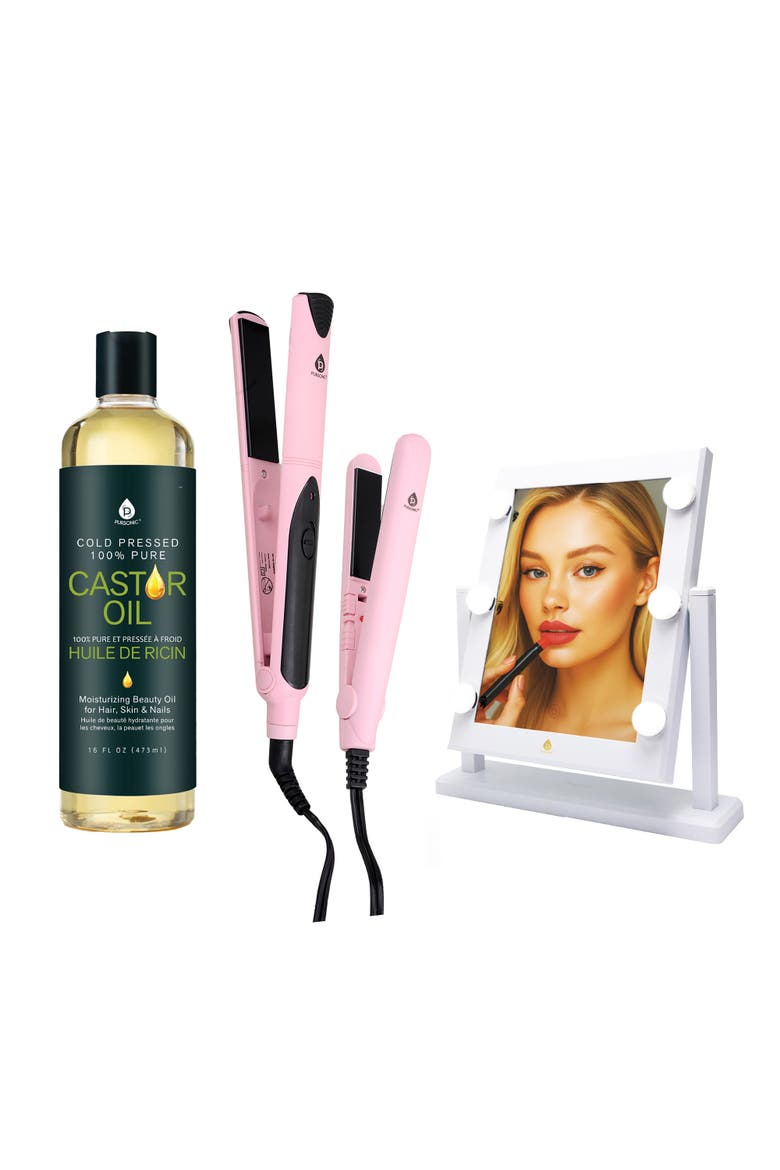 Salon Flat Iron, 14" LED Vanity Mirror & 100% Pure Castor Oil, Main, color, Multicolor