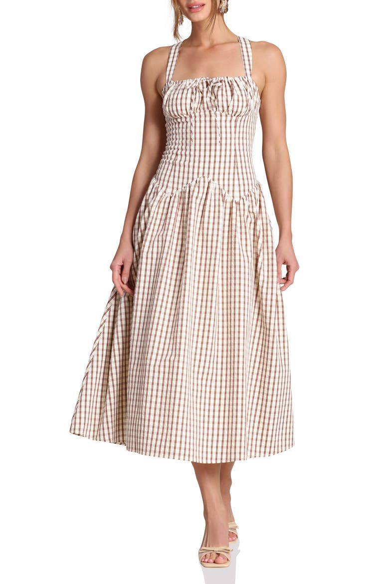 Check Drop Waist Cotton Blend Sundress, Main, color, CREAM AND BROWN