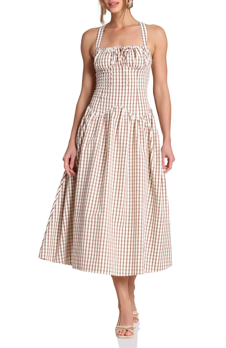 Avec Les Filles Check Drop Waist Cotton Blend Sundress, Main, color, Cream And Brown
