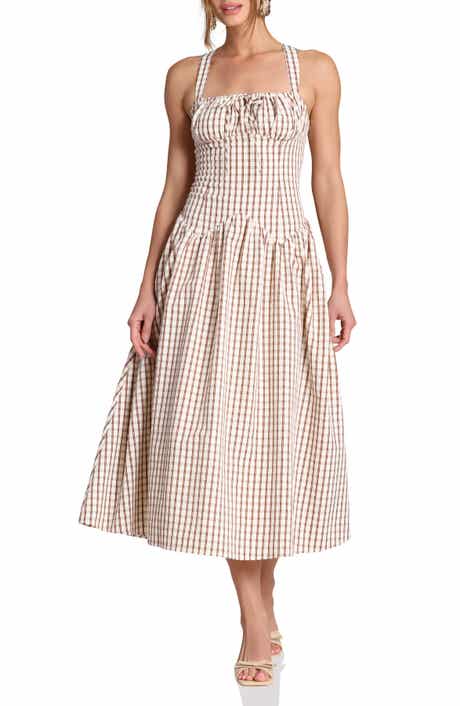Avec Les Filles Check Drop Waist Cotton Blend Sundress