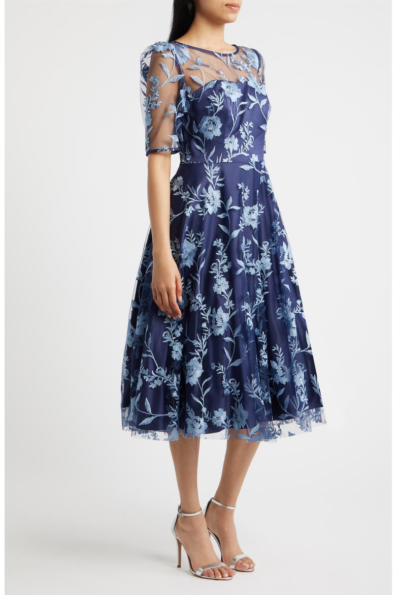 Embroidered Floral Cocktail Midi Dress, Alternate, color, NAVY BLUE