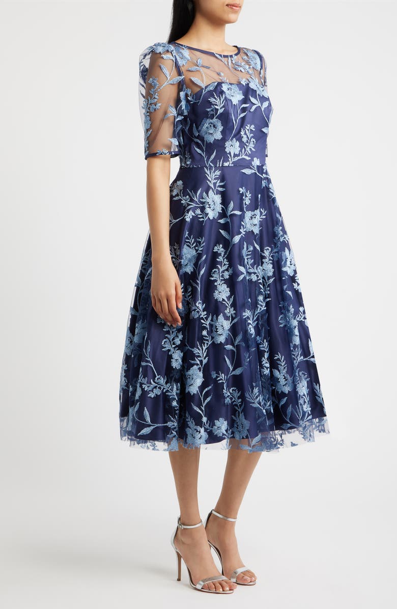 Eliza J Embroidered Floral Cocktail Midi Dress, Alternate, color, Navy Blue