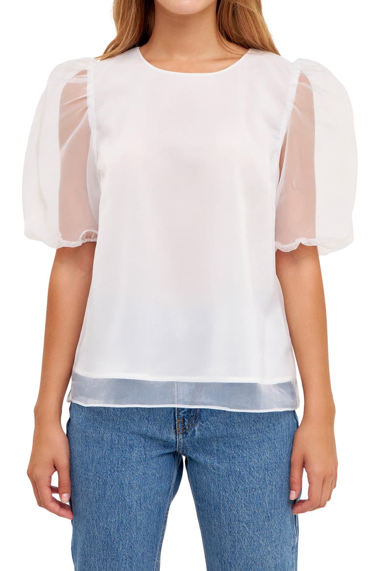 Sheer Puff Sleeve Organza Top, Alternate, color, WHITE