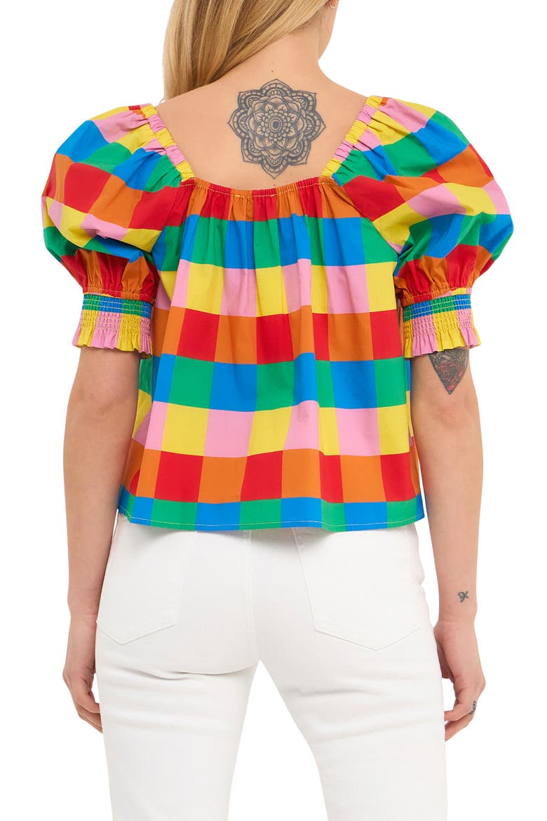 Rainbow Check Puff Sleeve Cotton Top, Alternate, color, MULTI