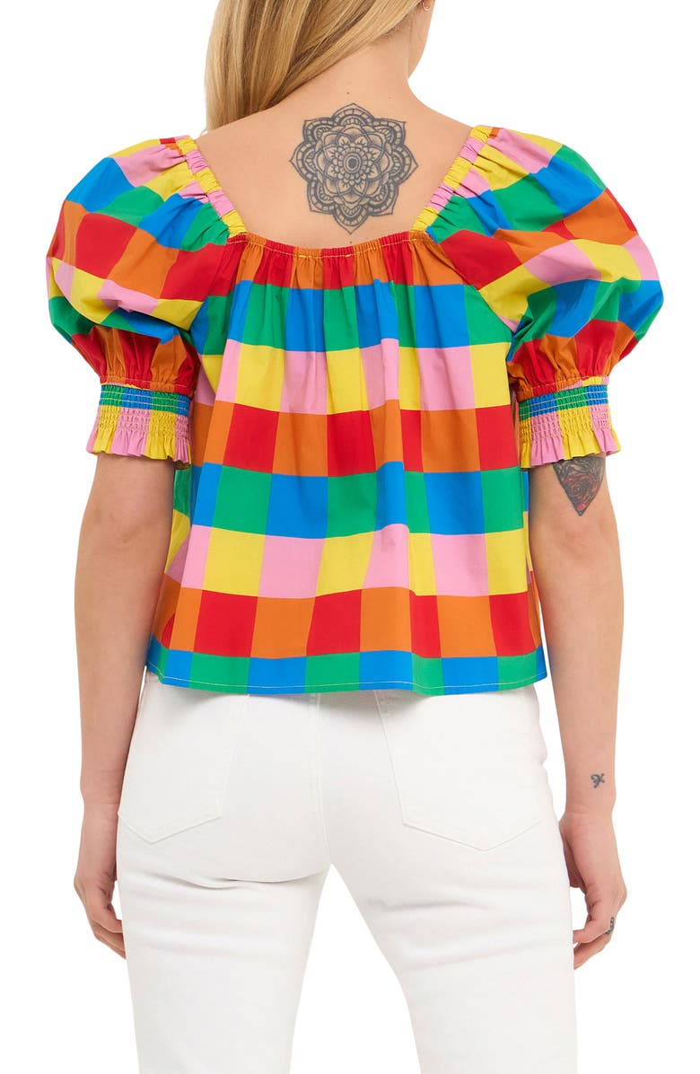 English Factory Rainbow Check Puff Sleeve Cotton Top, Alternate, color, Multi