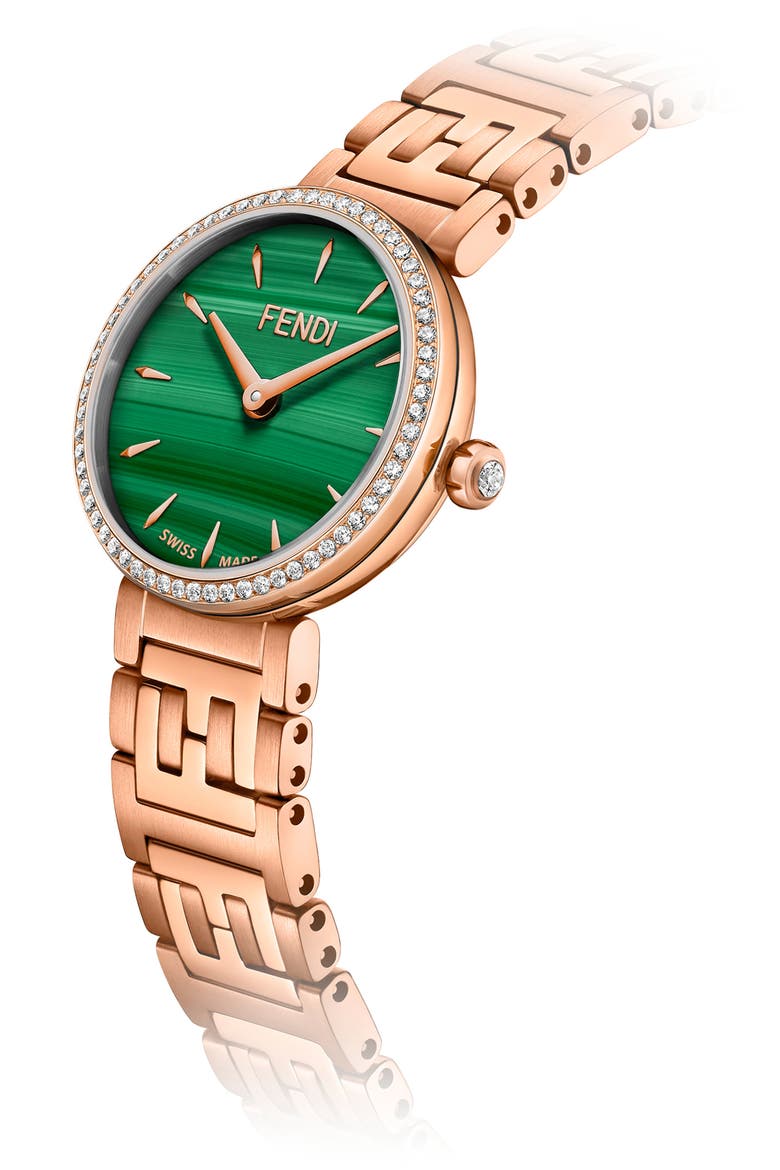 Forever Fendi Diamond Bracelet Watch, 19mm, Alternate, color, ROSE GOLD/ GREEN/ ROSE GOLD