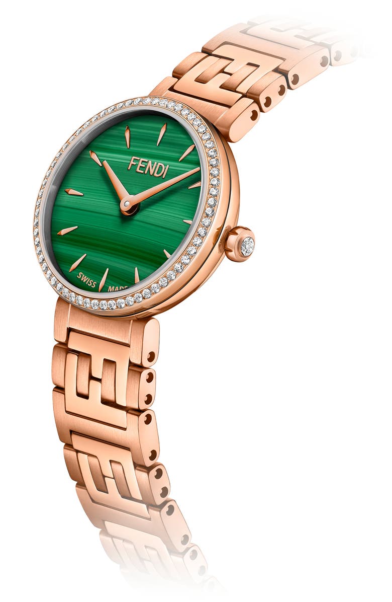 Fendi Forever Fendi Diamond Bracelet Watch, 19mm, Alternate, color, Rose Gold/ Green/ Rose Gold