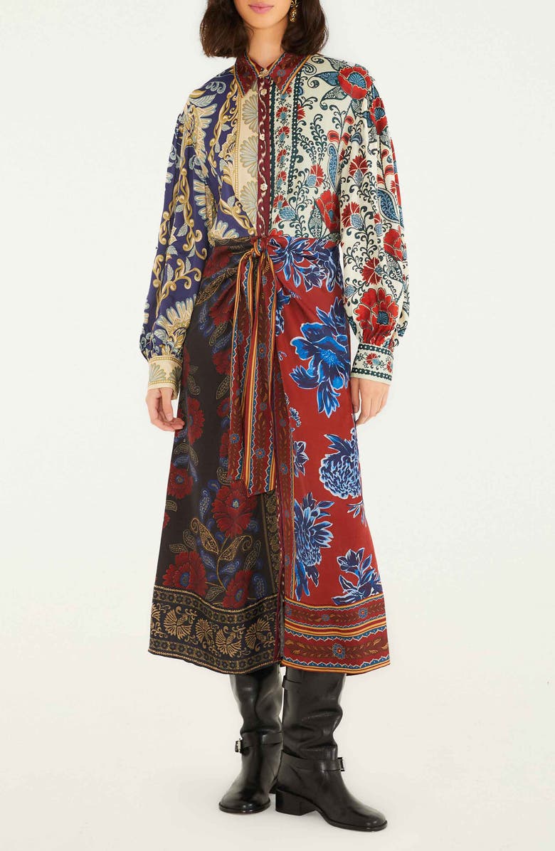 FARM Rio Navy Winter Mix Long Sleeve Midi Shirtdress, Main, color,