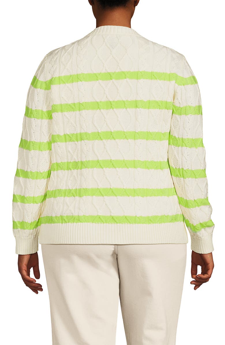 Lands' End Plus Size Aran Cable Crew Neck Sweater, Alternate, color, Ivory/Limoncello Gulf Stripe