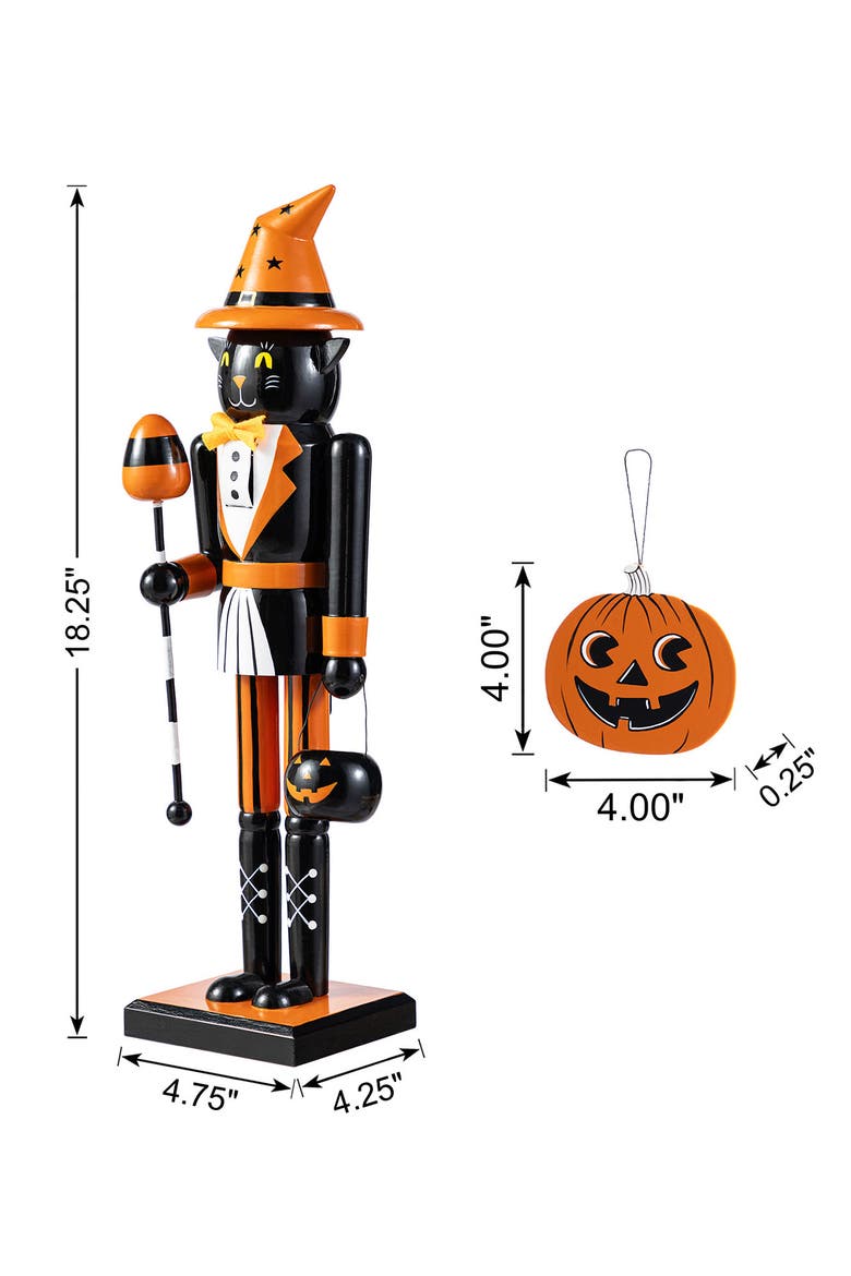 18.25"H Halloween Wood Cat Nutcracker with Ornament, Alternate, color, Black