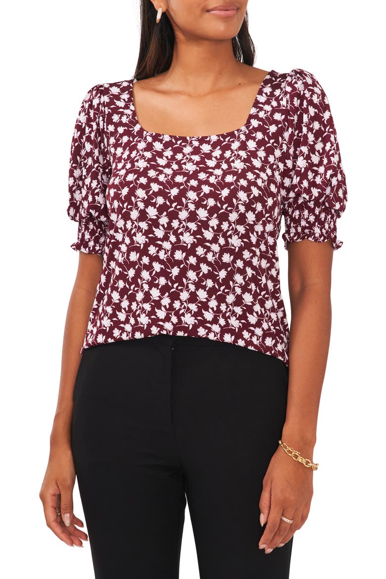 Floral Square Neck Smocked Sleeve Blouse, Main, color, ANCHO CHILIE 622