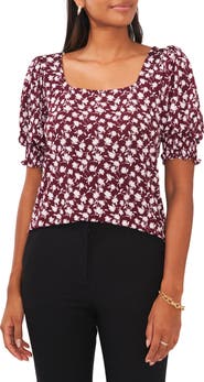 Chaus Floral Square Neck Smocked Sleeve Blouse