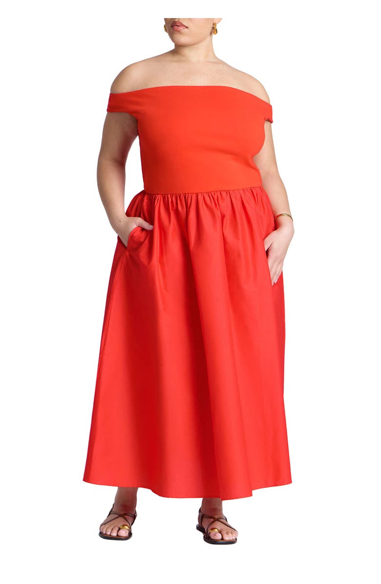 ELOQUII Boat Neck Mixed Fabric Dress, Main, color, Tomato