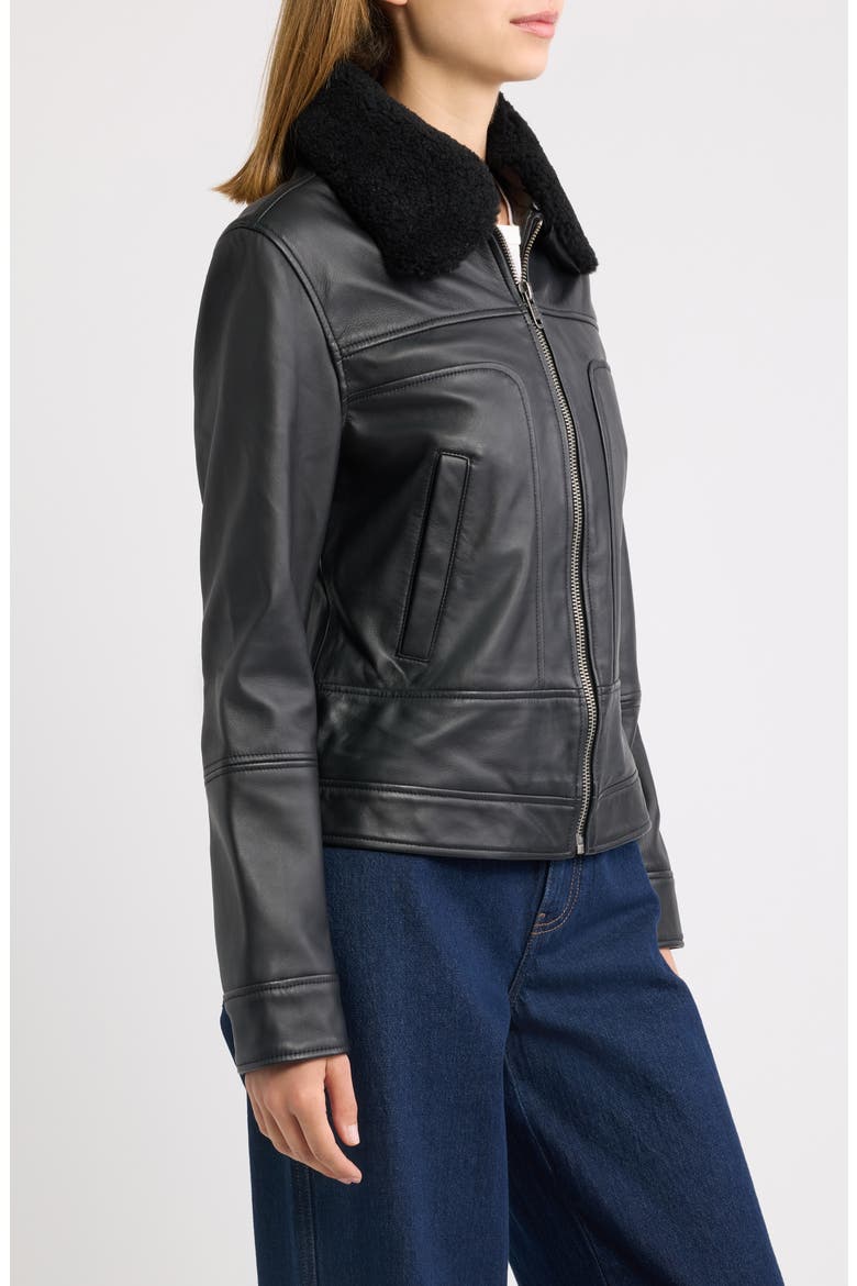 Nappa Leather Jacket with Faux Shearling Collar, Alternate, color, BLACK