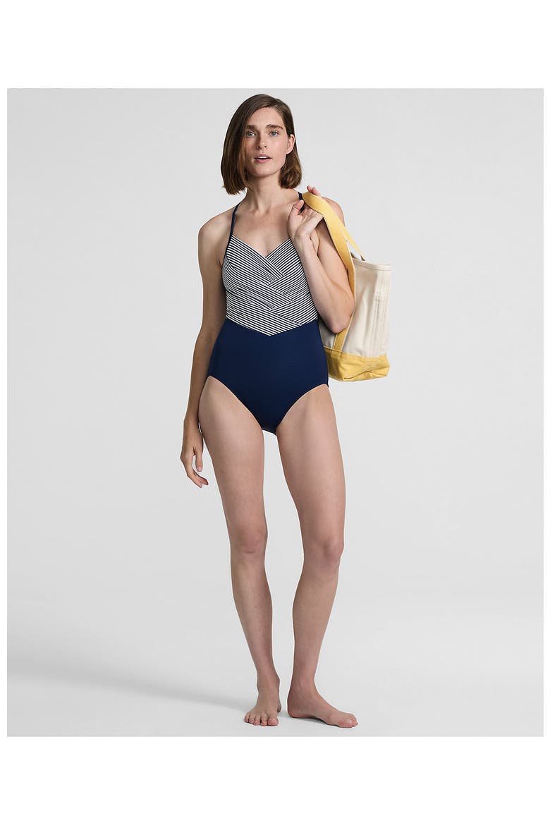 Slender Suit V-neck Pleated X-back One Piece Swimsuit Adjustable Straps, Alternate, color, Deep Sea Navy Mini Stripe
