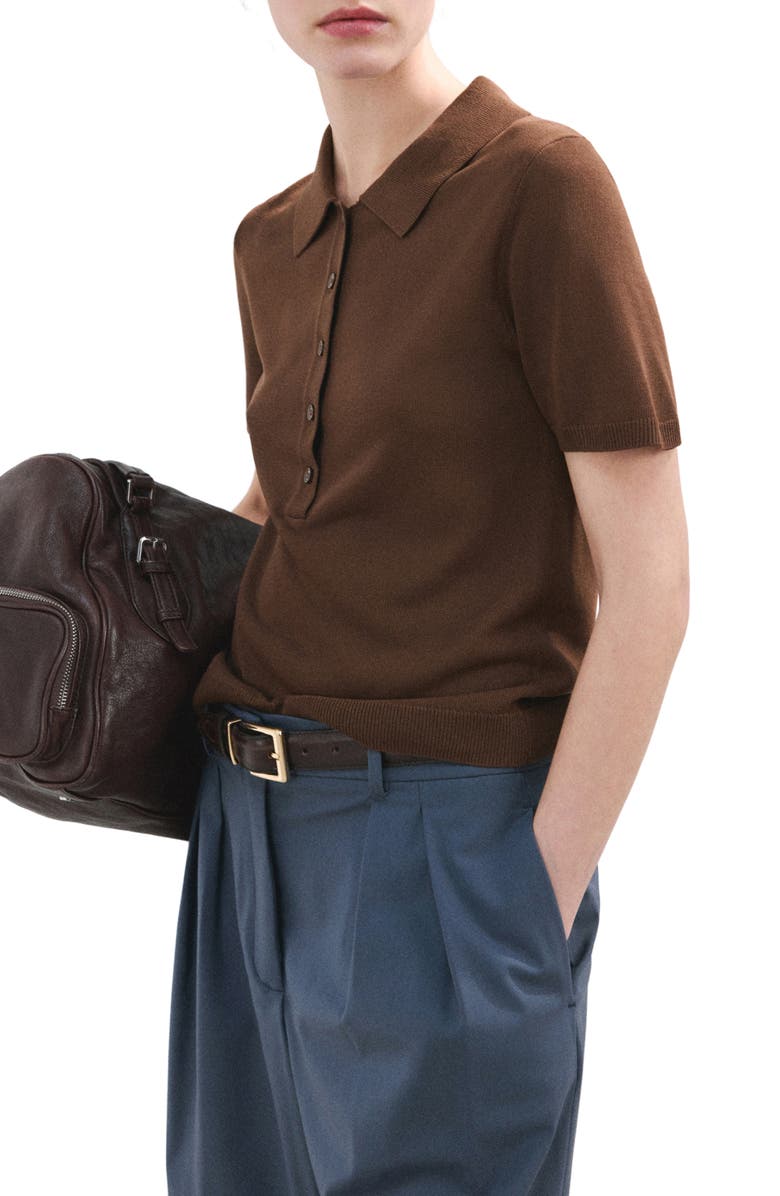 MANGO Short Sleeve Jersey Polo Sweater, Main, color, Chocolate