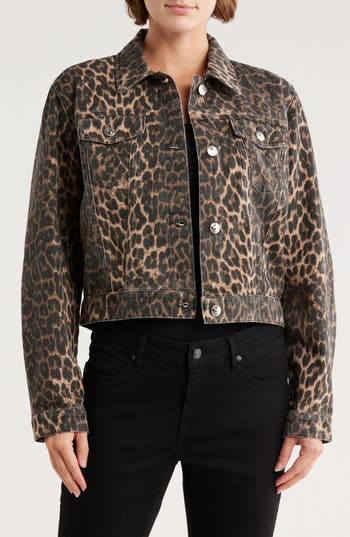 Steve Madden Leopard Print Crop Denim Jacket In Brown