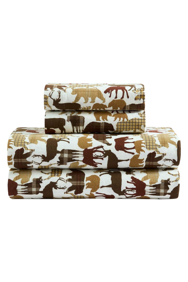 Animal Plaids Cotton Flannel Sheet Set, Main, color, OFF WHITE/ BROWN/ YELLOW