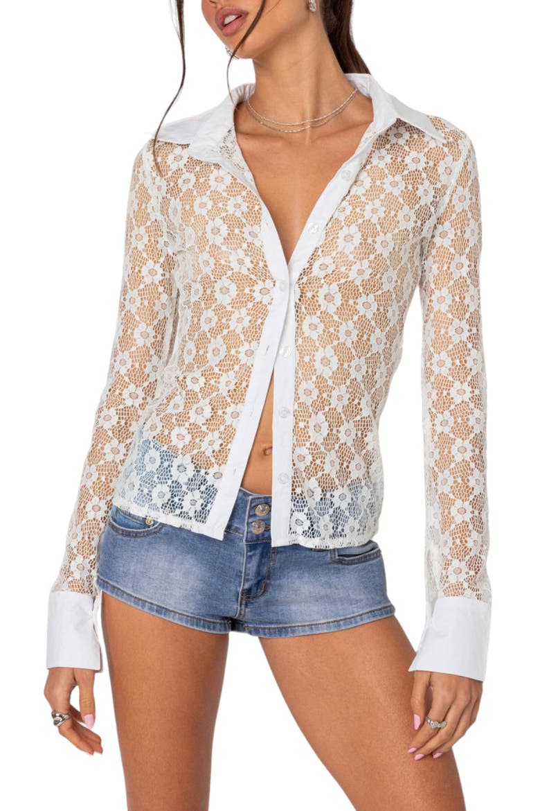 Cecilia Sheer Lace Button-Up Top, Main, color, WHITE
