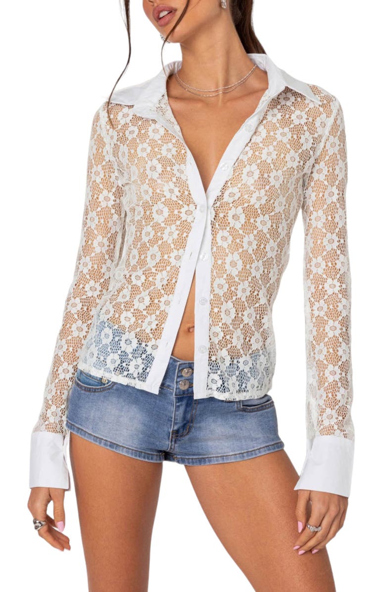 EDIKTED Cecilia Sheer Lace Button-Up Top, Main, color, White