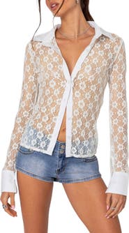 EDIKTED Cecilia Sheer Lace Button-Up Top