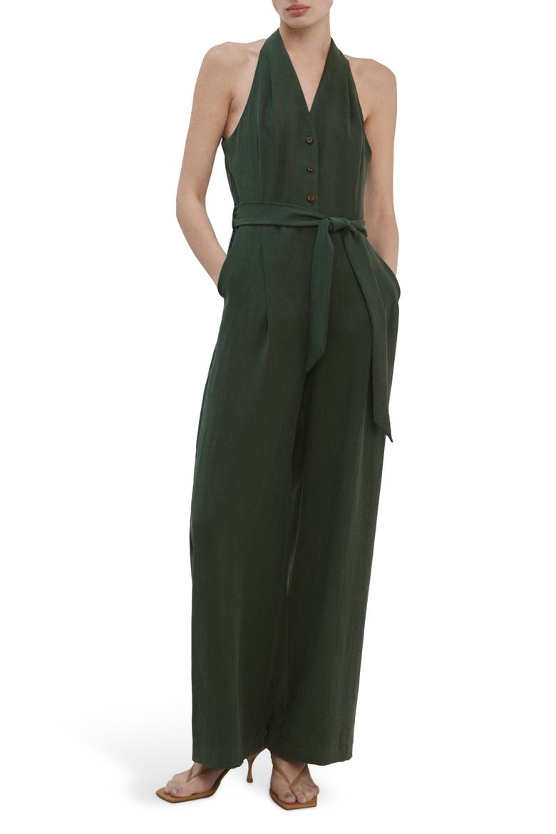 Halter Neck Belted Jumpsuit, Main, color, KHAKI GREEN
