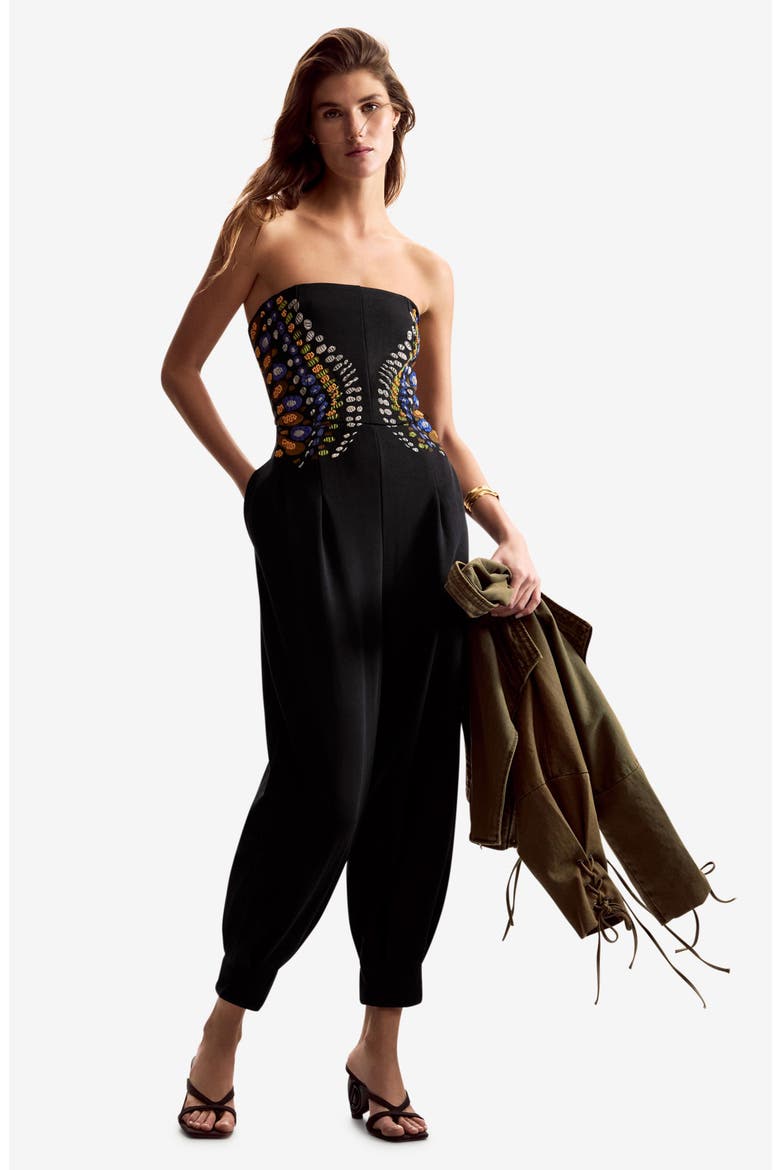 Mixed Media Strapless Jumpsuit, Alternate, color, BLACK