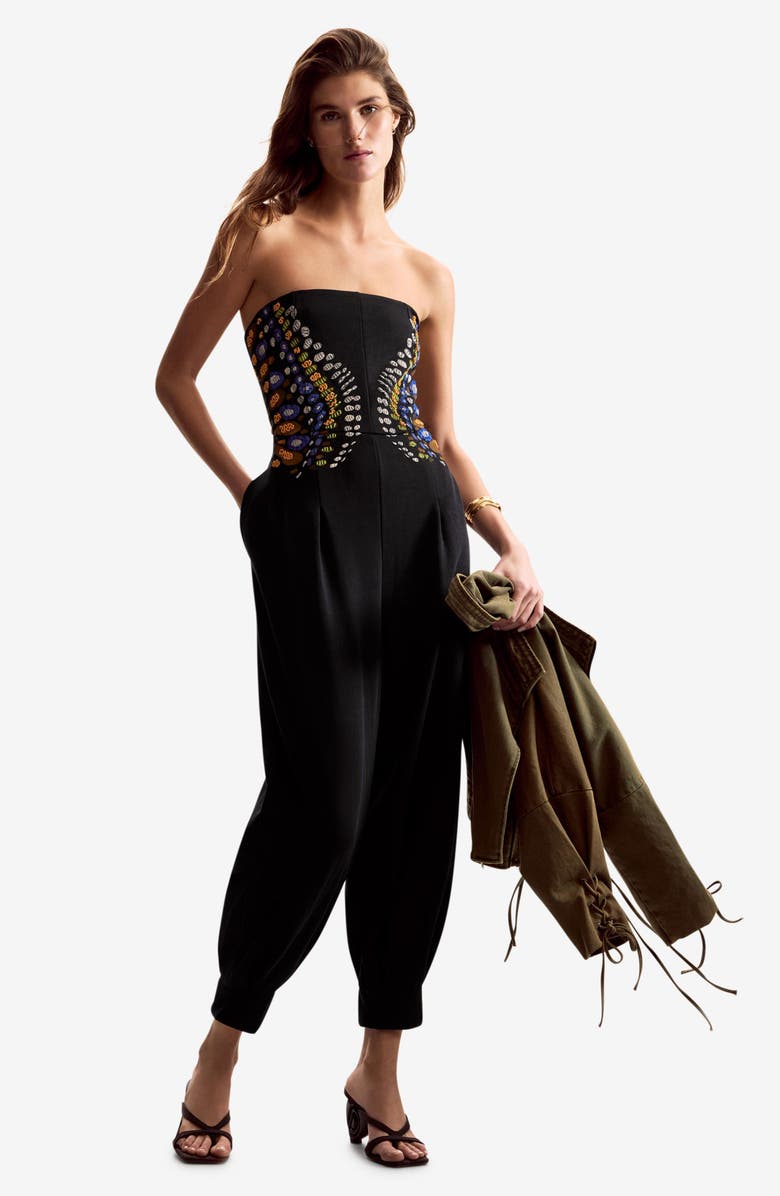 Desigual Mixed Media Strapless Jumpsuit, Alternate, color, Black