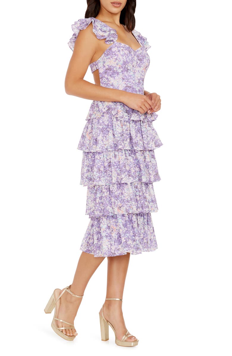Dress the Population Kristen Floral Ruffle Tier Midi Dress, Alternate, color, Lavender Multi