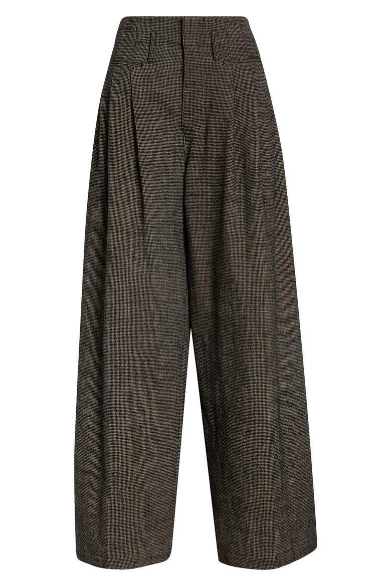 Triple Pleat Linen & Wool Wide Leg Pants, Main, color, KHAKI BLACK MINI HOUNDSTOOTH