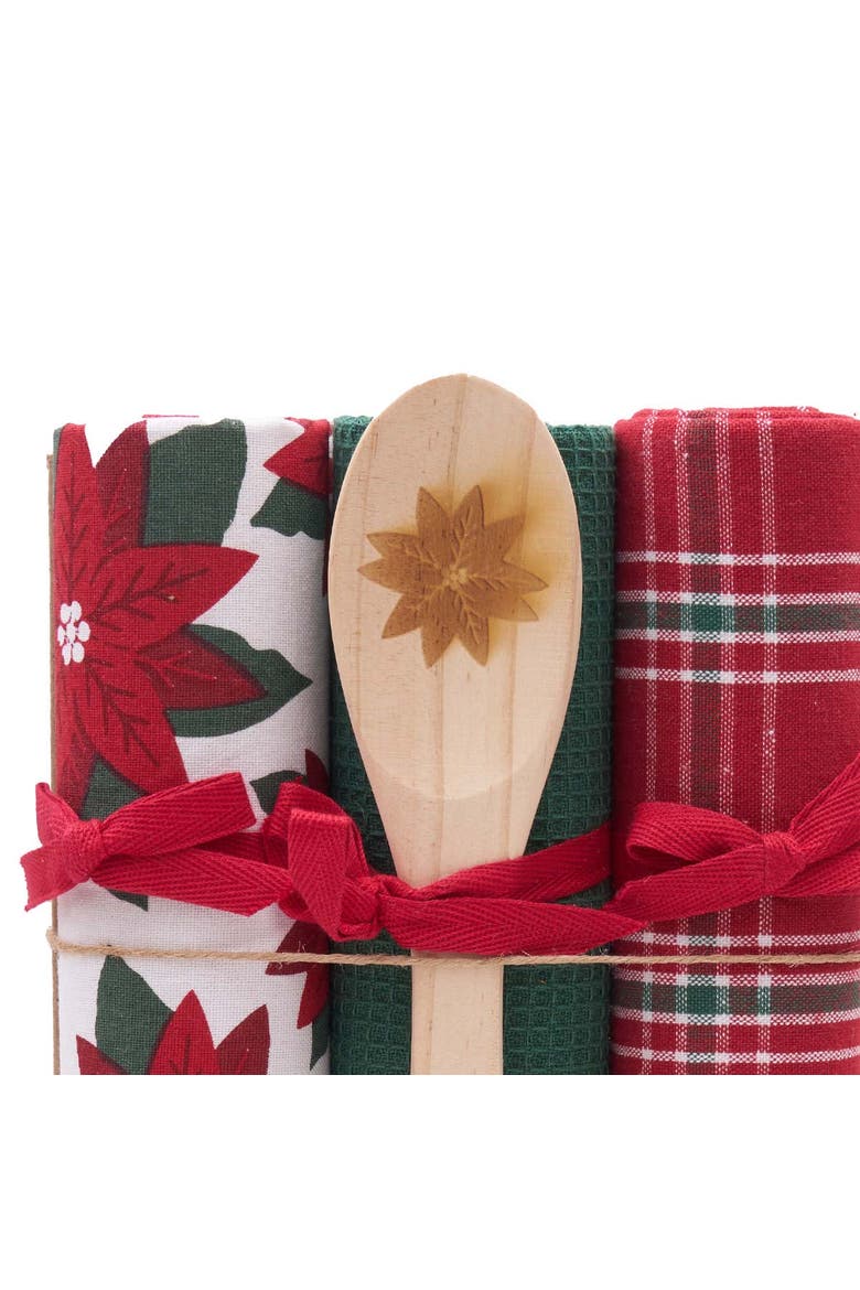 Poinsettia Plaid Towel & Spoon Gift Bundle Set of 4, Alternate, color, Red