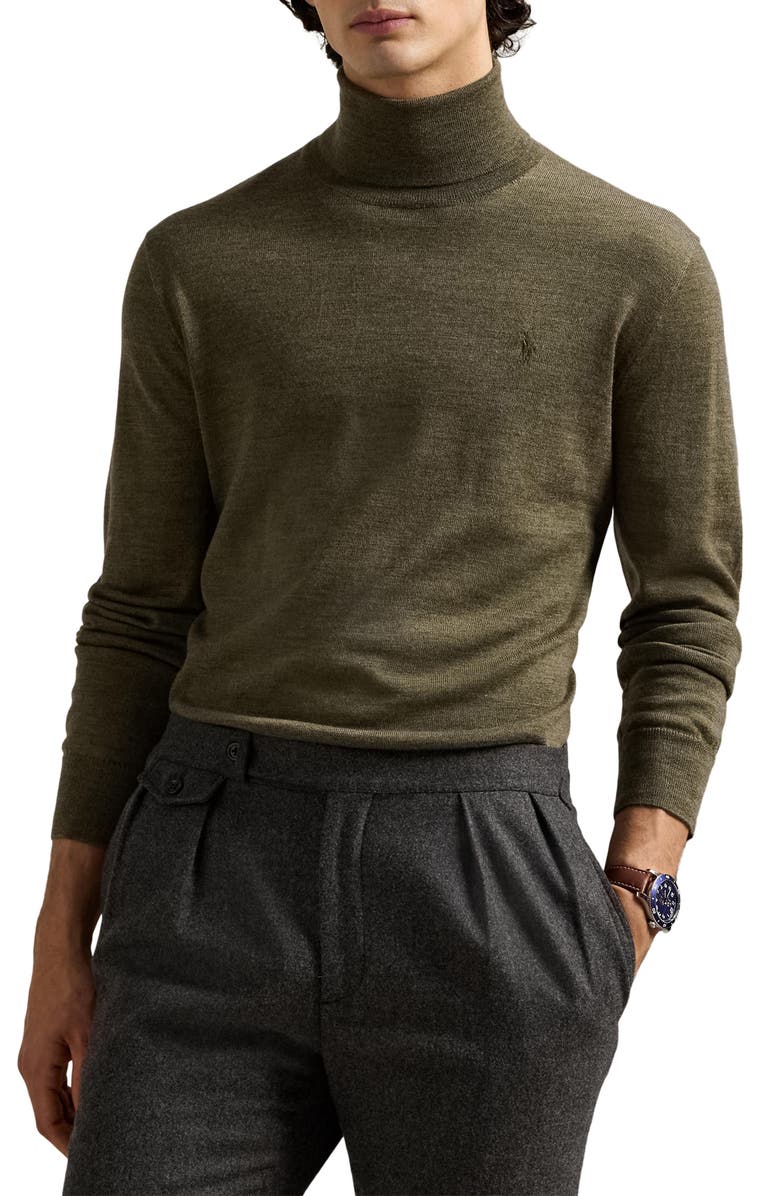 Polo Ralph Lauren Merino Wool Turtleneck Sweater, Main, color, Cargo Olive Heather
