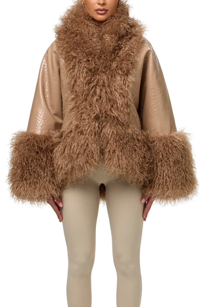 Croc Embossed Faux Leather & Faux Fur Cocoon Coat, Main, color, BISCOTTI