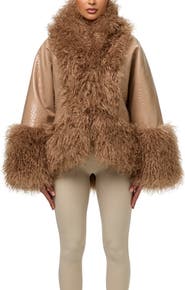 Naked Wardrobe Croc Embossed Faux Leather & Faux Fur Cocoon Coat