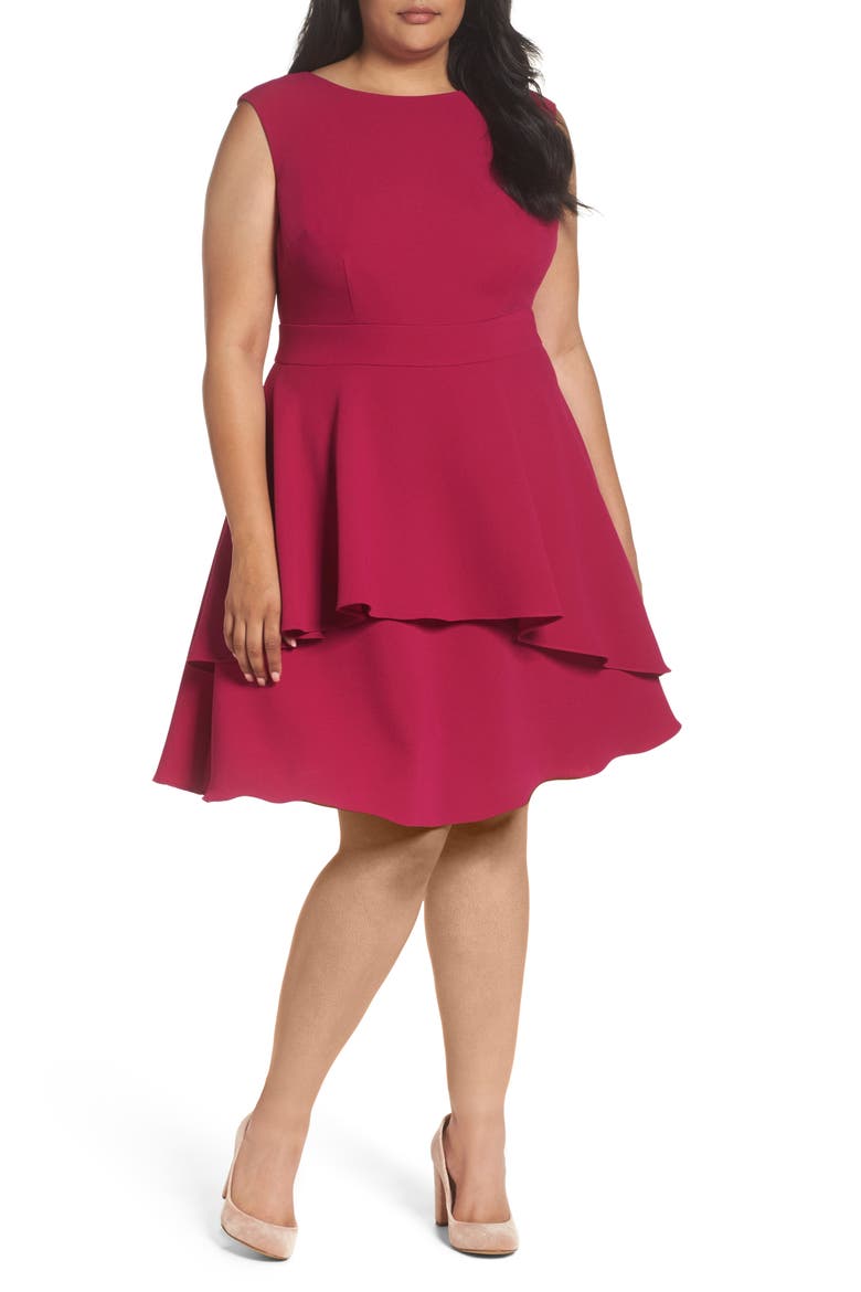 Ruffle Drape Crepe Fit & Flare Dress, Main, color, FUCHSIA