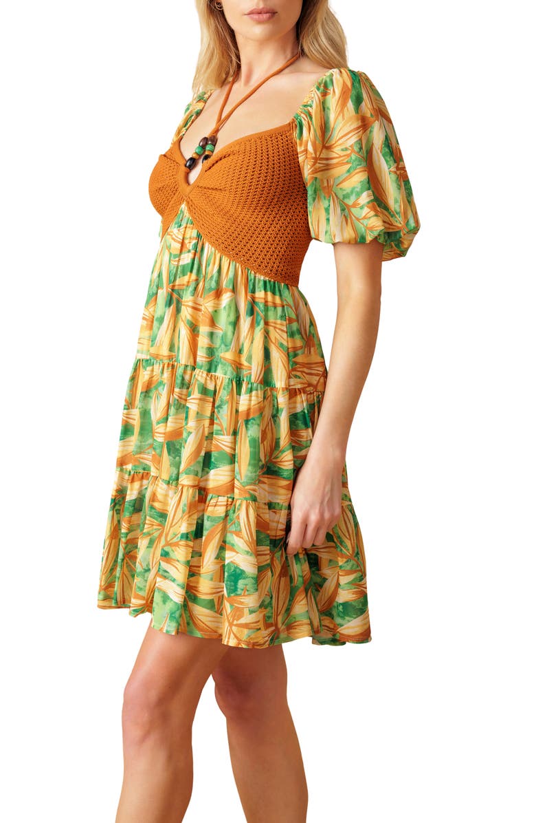 FLYING TOMATO Puff Sleeve Mixed Media Babydoll Dress, Alternate, color,