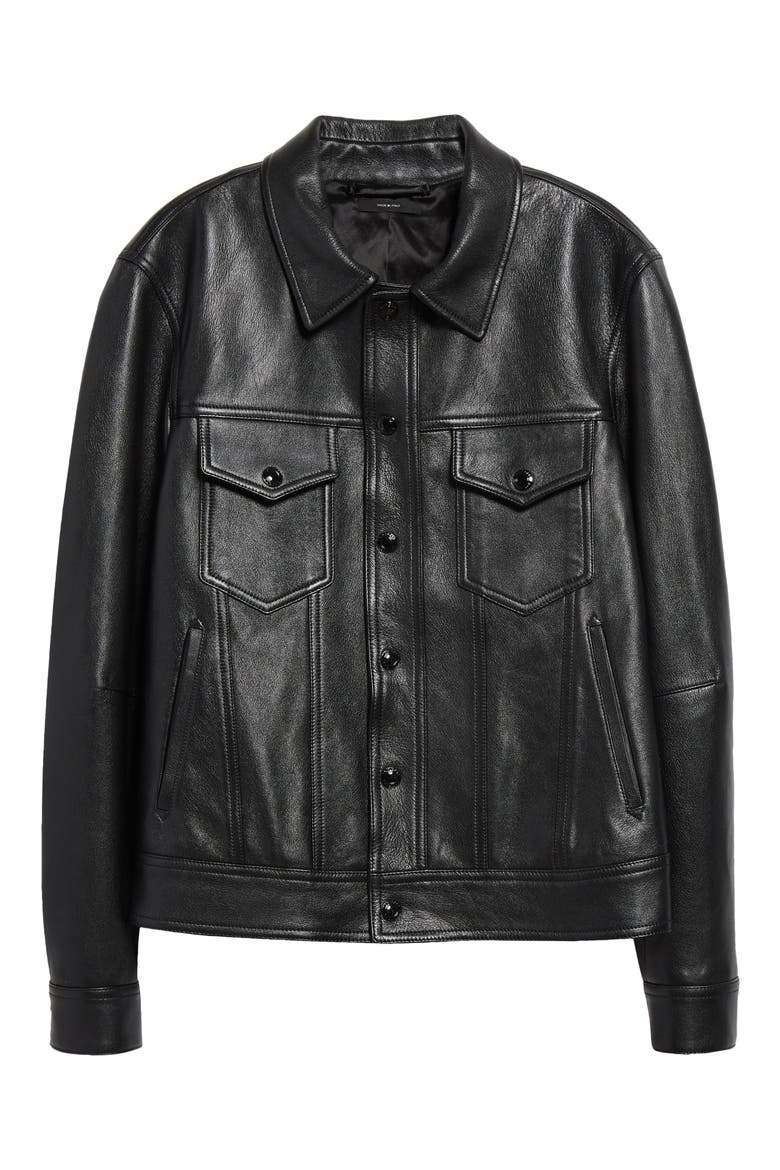 Grained Goatskin Leather Trucker Jacket, Alternate, color, BLACK