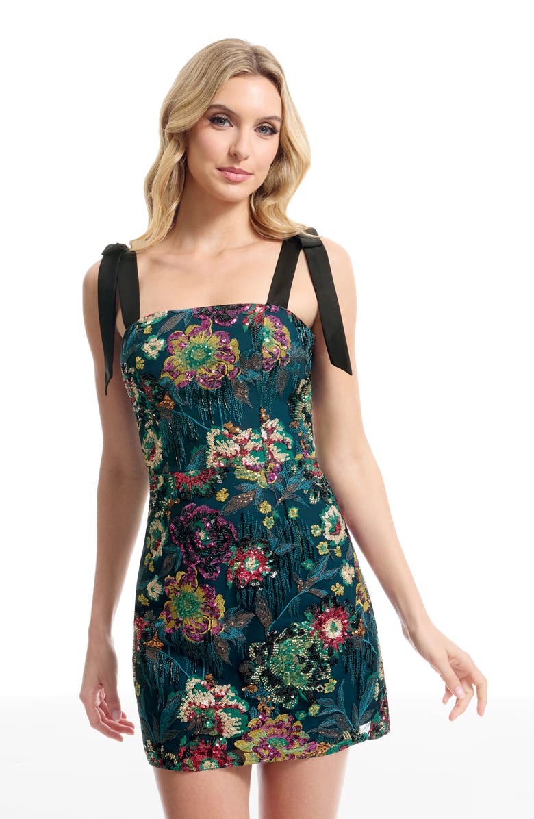 Dress the Population Wanda Sequin Floral Cocktail Minidress, Alternate, color, Peacock Blue Multi