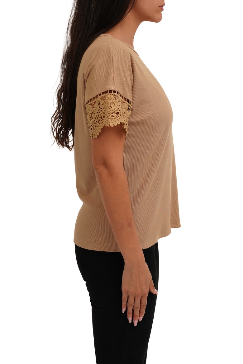Lace Trim Short Sleeve Ribbed Top, Alternate, color, WARM SAND