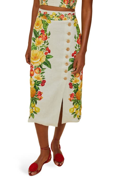 Farm Rio Womens Picnic Flowers Off-white Picnic Flowers High-waist Linen Midi Skirt In Multi