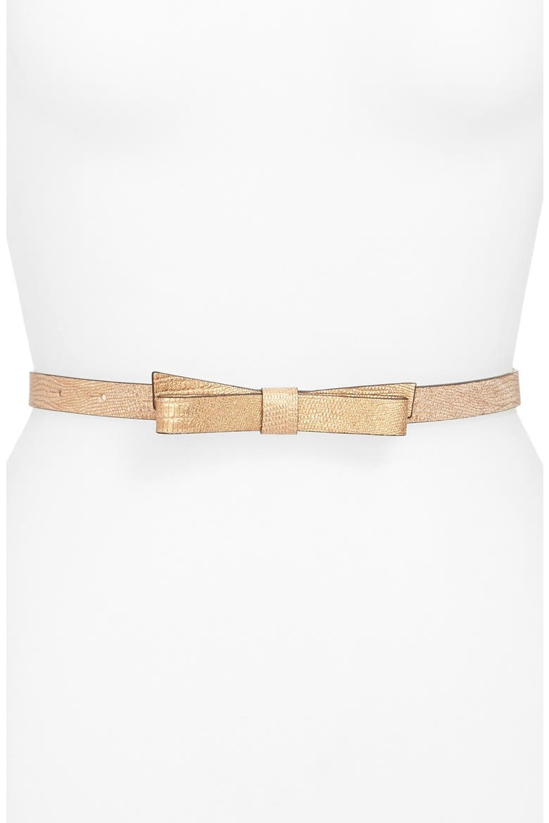 'lizard skinny bow' calfskin leather belt, Main, color, OLDGOLD