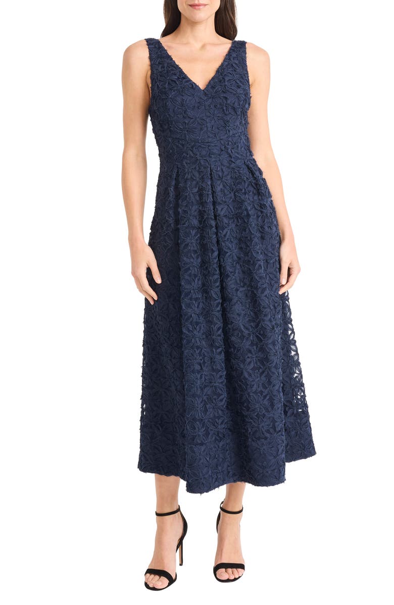 Maggy London Textured Floral Cocktail Midi Dress, Main, color, Navy