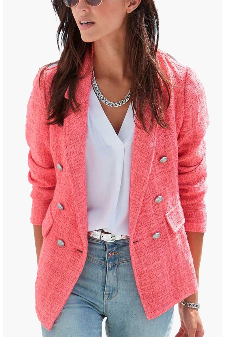 Double Breasted Boucle Blazer, Main, color, Coral