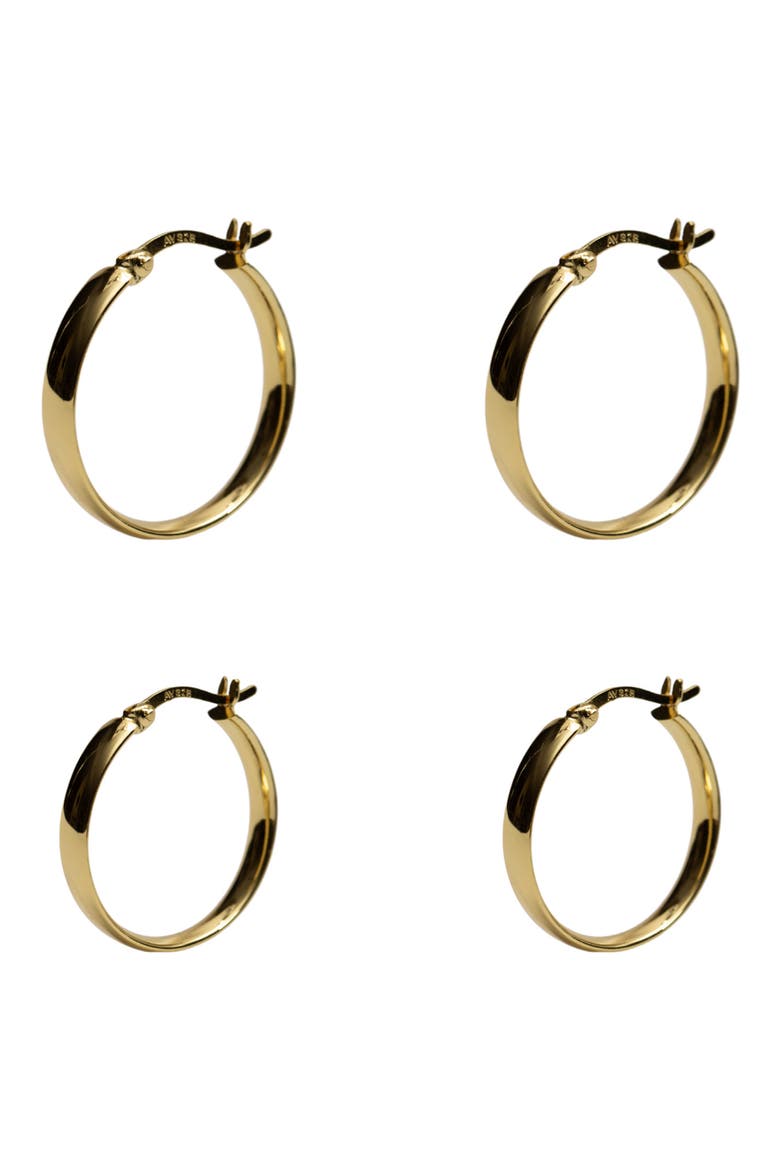 2 Pairs of Sterling Silver Flat Edge Hoop Earrings, Main, color, GOLD
